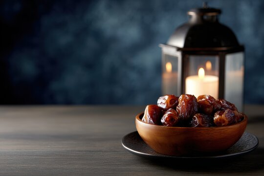 Ramadan Kareem iftar food, a bowl of dried dates and a traditional lantern with a glowing candle, holiday celebration