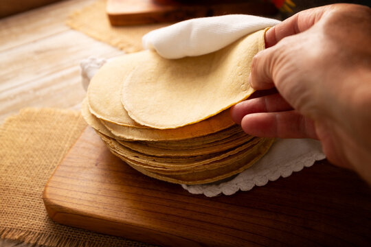Corn Tortillas. Food made with nixtamalized corn, a staple food in several American countries, an essential element in many Latin American dishes.