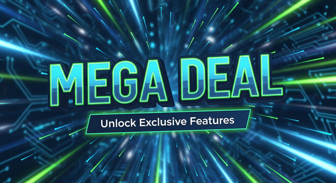 Colorful graphic with text "Mega Deal" and "Unlock Exclusive Features", with geometric background, representing technology and promotion