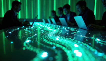 Fototapeta premium Men work on laptops around a table with a glowing data stream. People use tech for business analysis and digital information flow in a modern office meeting.