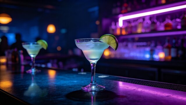 Chilled cocktail with lime wedge on a bar counter with purple neon bokeh