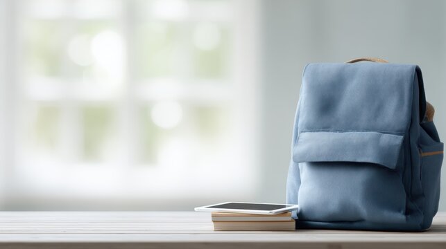 A student backpack filled with school supplies and a tablet, back to school concept, bright and airy classroom lighting
