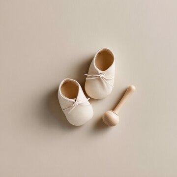 Close up of tiny organic baby shoes and a wooden rattle on a neutral beige surface, high-end newborn fashion