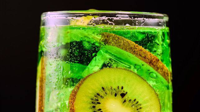 Refreshing green kiwi cocktail with ice cubes and fresh fruit slices in a chilled glass