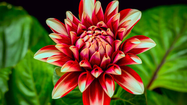 Vibrant bicolor dahlia flower in full bloom, featuring stunning red and white petals with lush green leaves