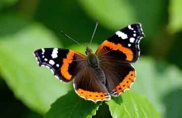 Fototapeta premium Red admiral butterfly rests on green leaf. Orange and black wings are open showing white spots. Insect in nature has brown body. Macro view reveals fine details.