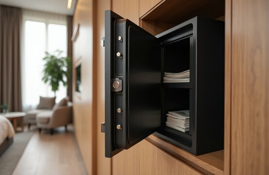 Open black metal safe filled with cash money. Modern hotel room safe, security for valuables and hotel guests. Secure storage for currency in luxury suite.