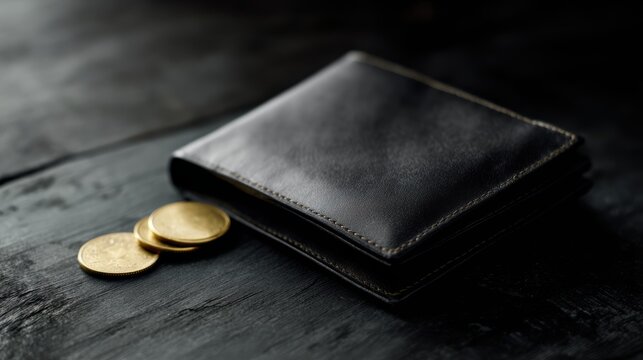 Realistic photography of a luxury leather wallet with gold coins and a credit card on a dark wood table, premium finance