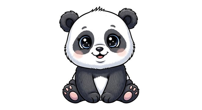Cute cartoon baby panda, big eyes, soft fur, smiling, isolated on white background, high resolution, children illustration style