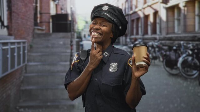 Woman police officer in uniform holding a coffee cup, finger to chin and smiling on street near bicycles and steps; playful confidence.