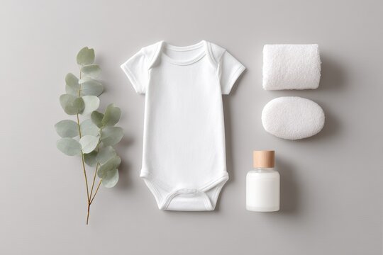 Flat lay of a white infant bodysuit mockup made of organic cotton, surrounded by eco-friendly baby accessories, onesie template