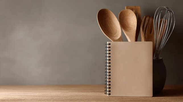 Various kitchen utensils and a blank recipe cookbook. Culinary school and home cooking classes concept
