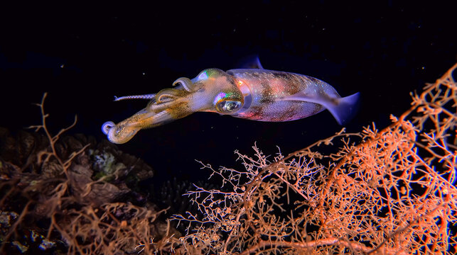 Bioluminescent squid swimming over coral reefs in the dark ocean