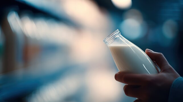 Close up of a person hand holding a bottle of milk and checking the expiration date in a grocery store