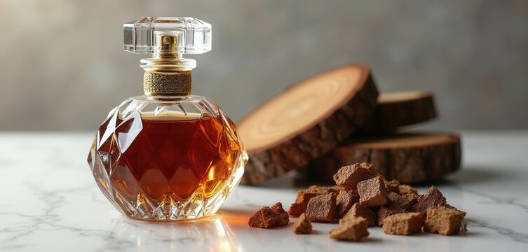 Luxury crystal perfume bottle with oud oil and agarwood chips sits on marble. Wood slices in background suggest natural, aromatic for refined scent experiences.