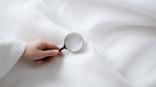 Photography of a woman holding a magnifying glass showing bugs on bedsheets, detection of bed bugs and sanitation concept