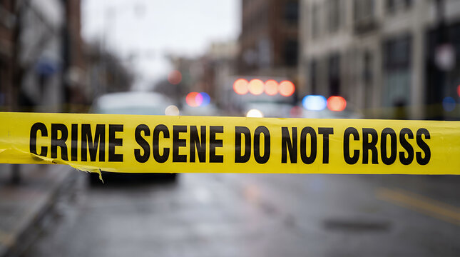 Yellow crime scene do not cross tape blocking city street with blurred police lights in background. Crime concept with copy-space.