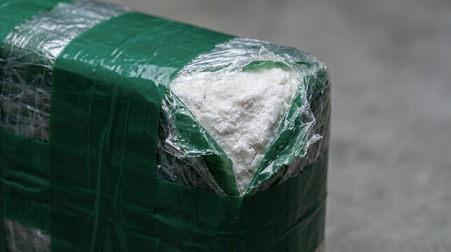 Narcotic package wrapped in green tape with white crystal powder visible as illegal drug contraband. Crime concept with copy-space.