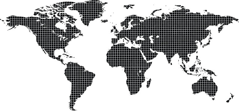 Digital gridded world map silhouette with black square grid lines isolated on white background for global business technology and international communication design