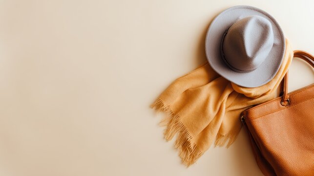 Flat lay of autumn women accessories, hat, scarf, and leather bag in trendy colors, fashion blog sale concept