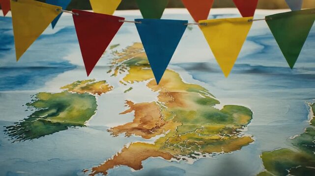 Vibrant triangular flags on world map.