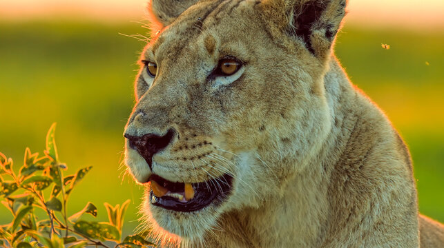 lioness at sunset. Warm golden hour lighting highlights her powerful features in the African savannah