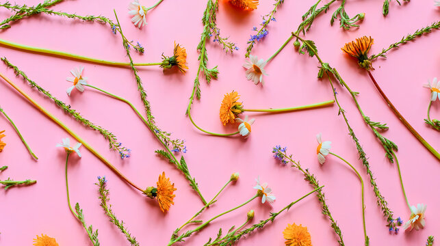 Lovely flat lay of wild daisies and orange flowers on a soft pink background
