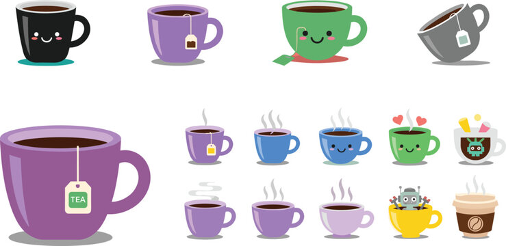 Set of cute tea and coffee cup mascot characters with various emotions and tea bags in flat cartoon vector style for cafe branding and menu design