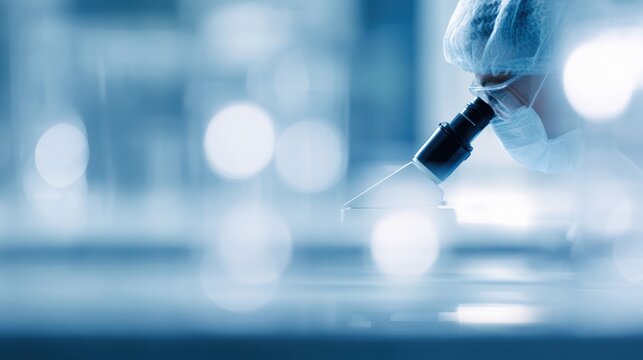 Realistic photo of a scientist looking through a microscope in a bright, high-tech laboratory with blue glass walls, biotechnology research