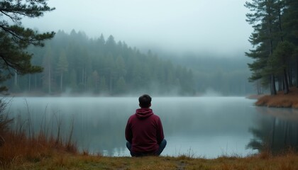 Naklejka premium Man sits by lake watching misty forest. Serene autumn scene with calm water and tall trees. Quiet, peaceful mood on fall morning. Outdoor solitude reflects introspection.