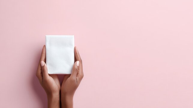 Minimalist background of two hands holding a clean sanitary pad, feminine hygiene and period concept, top view flat lay