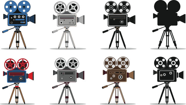 Set of vintage cinema camera icons with film reels and tripods in various colors and silhouette styles for movie production industry and retro cinematography design
