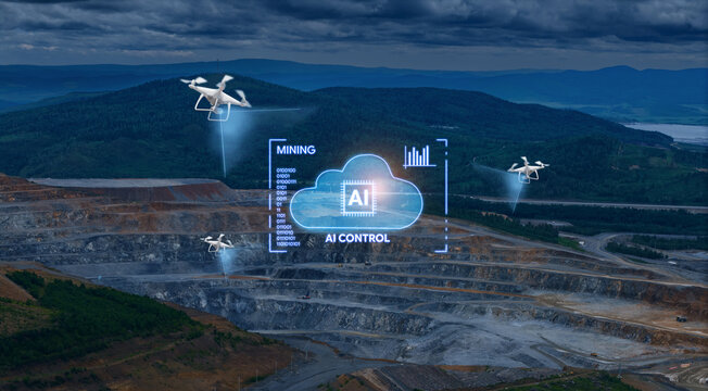 Mining site with ai cloud control interface and multiple drones for monitoring and industrial management of work