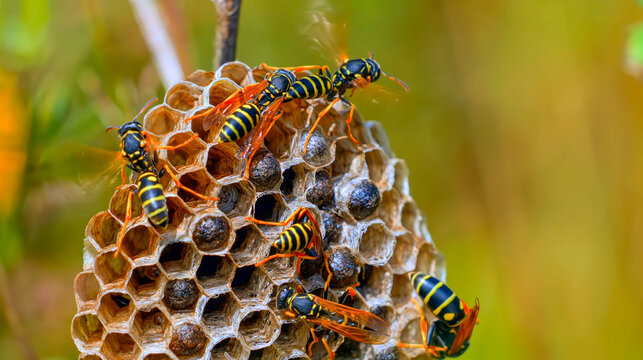 wasps on a honeycomb nest in nature