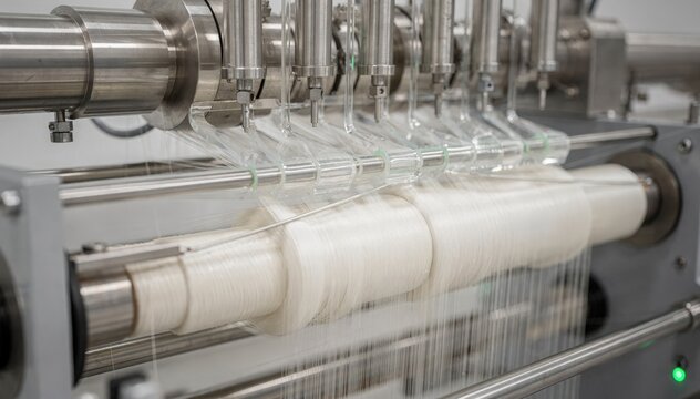 Closeup medium shot of advanced machinery producing fully biobased polyester fibers from plantderived monomers showcasing innovation in ecofriendly fabric manufacturing.