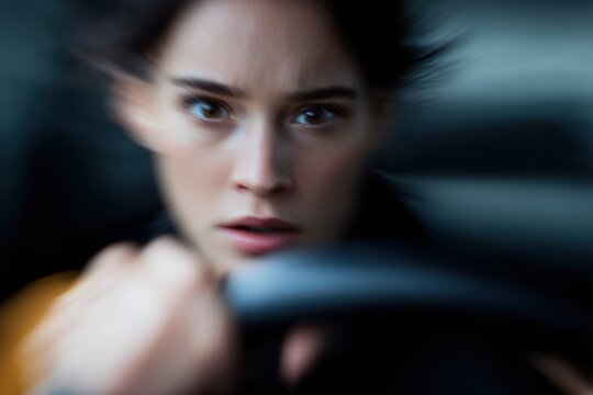 Realistic photography of a terrified young female driver with a scared expression, gripping the steering wheel, inexperienced driver concept, blurred road background