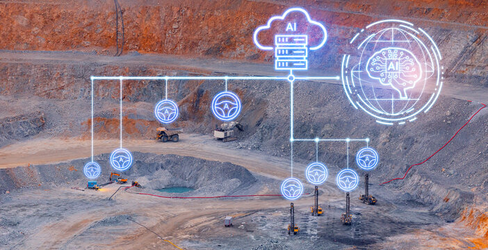 Quarry excavation site with ai cloud server and distributed neural network overlay for industrial automation dashboard and remote monitoring with artificial intelligence