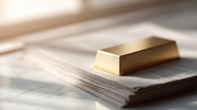 Realistic photography of a solid gold bar resting on a stack of high-end business newspapers, soft morning sunlight from a window, professional wealth management concept