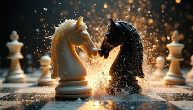 Two chess knights clash on board. White and black pieces shatter, exploding in dust and light. Intense battle signifies final game or empire collapse. Strategic conflict, power struggle.