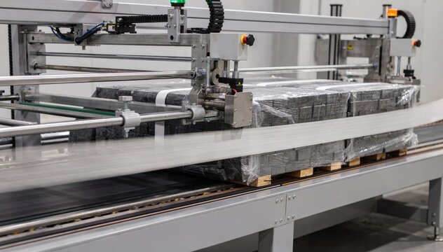 Medium shot of an automatic strapping machine slicing and binding rubber bales emphasizing advanced technology streamlining bale packaging processes.