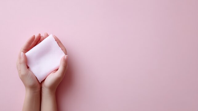 Minimalist background of two hands holding a clean sanitary pad, feminine hygiene and period concept, top view flat lay