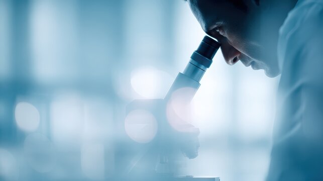 Realistic photo of a scientist looking through a microscope in a bright, high-tech laboratory with blue glass walls, biotechnology research