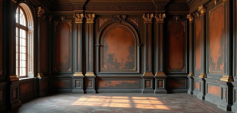 Ornate room interior features dark wood paneling with gold accents and a large arched wall recess. Sunlight streams through a tall window, casting floor shadows. Rich, antique decor.