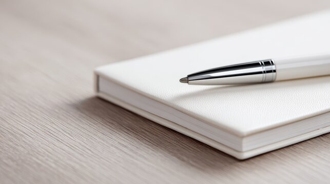 Shot of a clean white leather notebook and a pen on a light wood surface, overhead view, composition focused on the corner