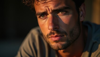 Fototapeta premium Man with thoughtful gaze looks aside. Brow furrowed, hinting at deep thought worry. Warm sunset light illuminates face, creating dramatic shadows. Close-up portrait captures intense emotion.