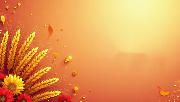 Golden wheat stalks and red yellow flowers on orange background with subtle light effects. Abstract festive seasonal design, suitable for sale announcements and greetings.