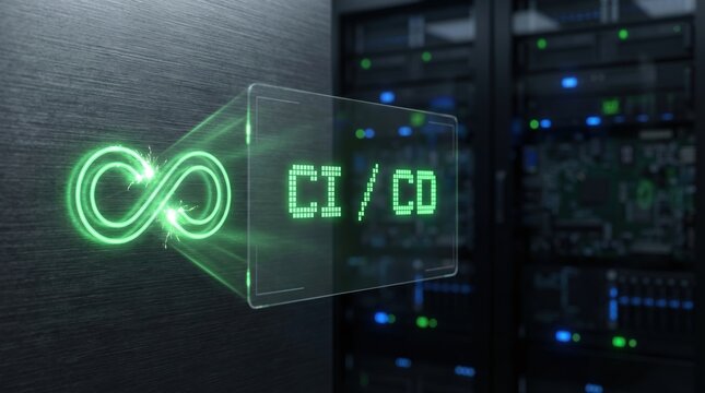 DevOps CI/CD pipeline graphic illustration with infinity symbol and servers in background