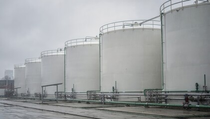 Obraz premium Cloudy day medium shot of large biobased feedstock storage tanks emphasizing sustainable organic intermediates with soft diffused light and overcast atmosphere.