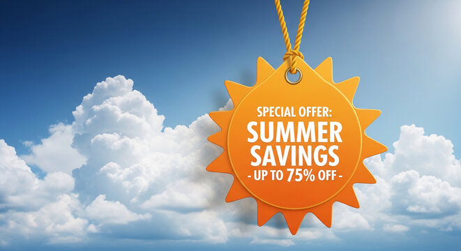 Orange sun-shaped tag with summer sales offer against blue sky with cloud, representing seasonal discounts, vacation, and promotional marketing