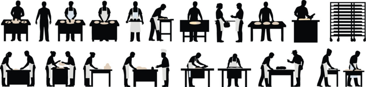 Baker and bread making silhouettes vector set featuring dough preparation, kneading and bakery workflow, black silhouette illustration collection